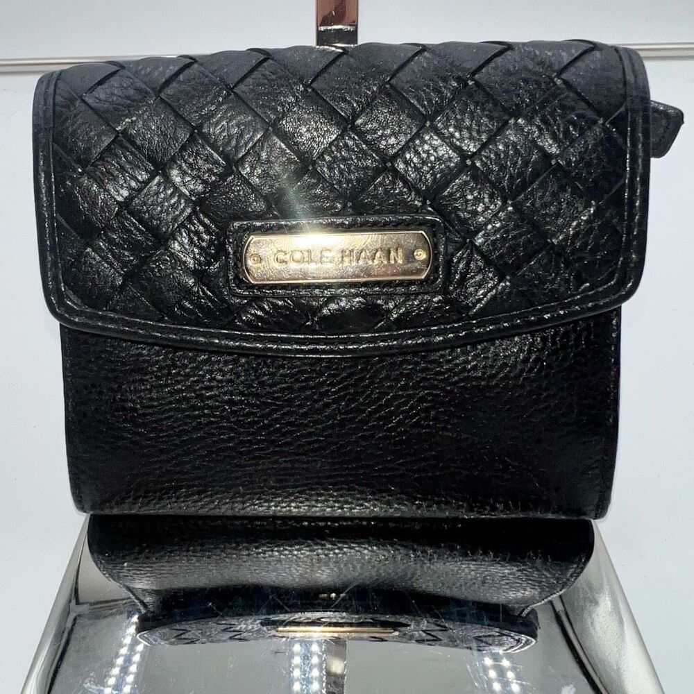 Cole Haan Black Woven Leather Compact Bifold Wallet Gold Logo